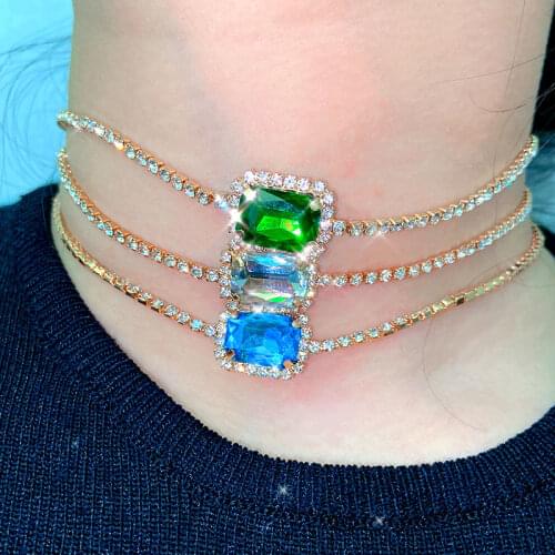 Flatfoosie Square Rhinestone Choker Necklace For Women Gold Color Crystal Chain Necklace Fashion Charm Jewelry Party Gifts