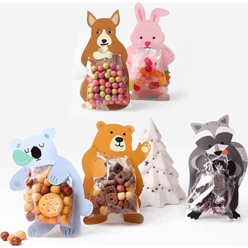 10PCS Candy Bags Cartoon Animal Paper Plastic Gift Bag Packaging Cake Cookie For Sweets Wedding Party Present With Clear PVC