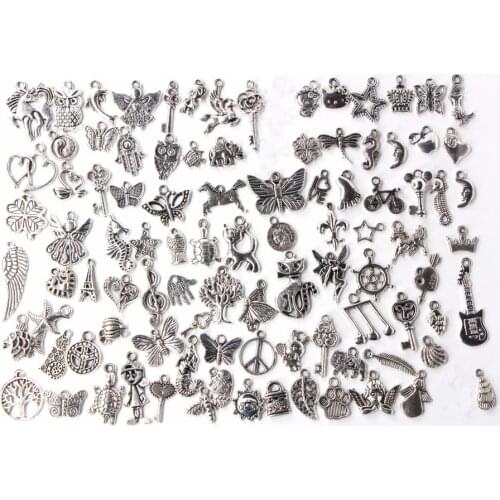100Pcs/set DIY jewelry making Tibetan Silver Color Connector Bails Mix Beads with Pendant fit Charm Bracelet