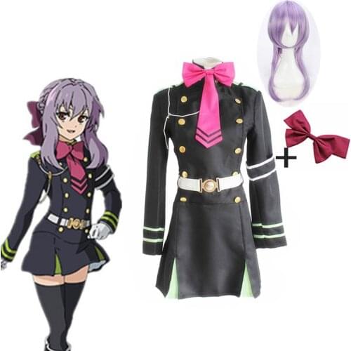 Anime Seraph Of The End Owari no Seraph Hiiragi Shinoa Cosplay Costumes Full Set Uniform Dress Tie Belt Hair Accessory