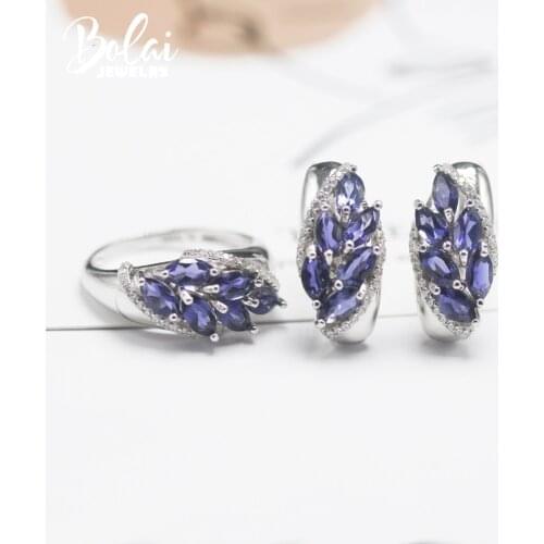 Bolai Natural Iolite Jewelry Sets Kits 925 Sterling Silver Clasp Earrings Ring 6*3mm Gemstone for Women Wife Wedding Gift 2021