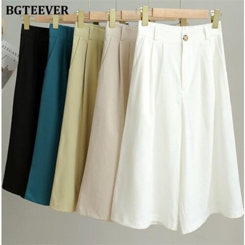 BGTEEVER Elegant Casual Solid Wide Leg Pants for Women Summer Simple Loose Single Button Female Mid-calf Length Pants 2021