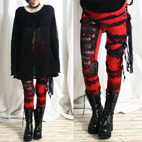 Casual Pants Women Letter Print Mesh Hipster Black Red Gothic Ripped Pants Punk Lace Up Hip Hop Streetwear Ladies Trousers S-3XL