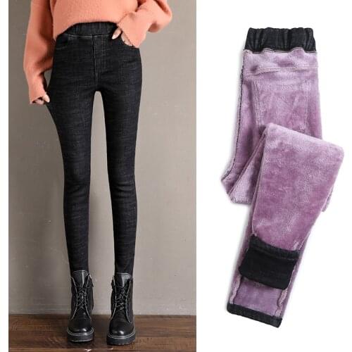 Casual Thicken Denim Pants Black Warm Plus Size Winter Jeans Women High Waist Skinny Elastic waist Velvet Trousers Streetwear