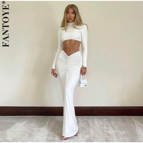 Fantoye Fashion Turtleneck Solid Ruched Women Two Piece Set White Long Sleeve Top Sexy Skirt Ladies Autumn Skinny Party Clubwear
