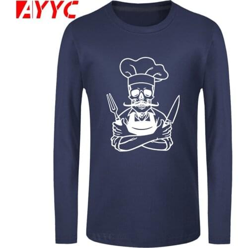 AYYC long sleeve tee Chef Skull Master BBQ Apron Cooking Hat T-shirt Funny Printed Cotton T Shirt For Men Cool Tops Tees Male