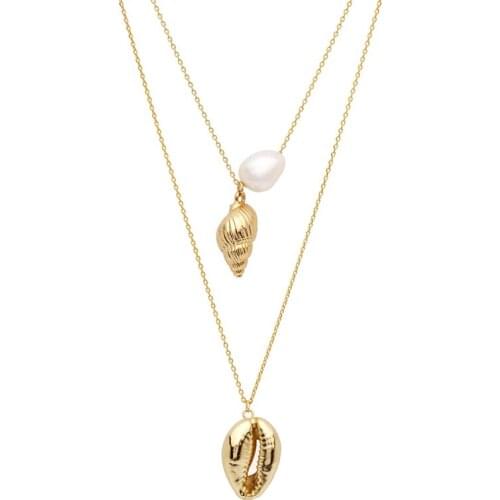 FUWO Gold Trimmed Freshwater Pearl Cowrie Necklace,Layered Double Chain Beach Shell Jewelry Wholesale NC505 10 Pieces/Lot
