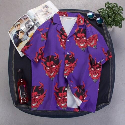 Hawaiian Shirt Men Hip Hop Streetwear Devil Anime Printing Short Sleeve For Men Turn Down Collar Holiday Beach Shirts Camisa 3