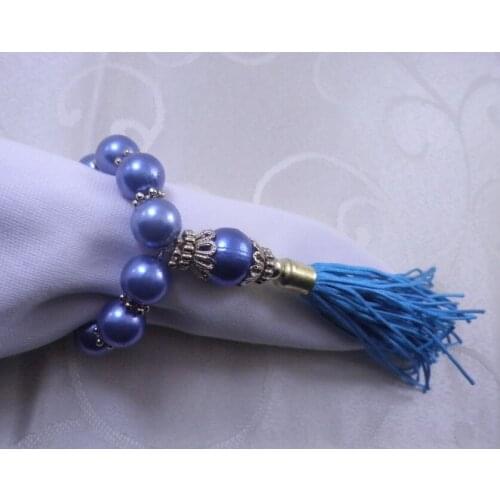 Blue pearl tassel napkin ring, beaded wedding napkin holder