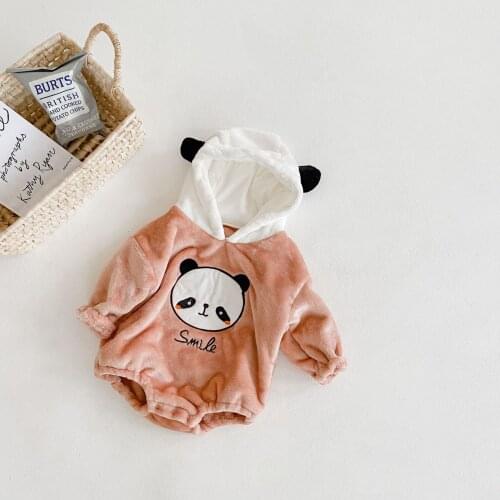 Baby romper winter cartoon panda design hooded jumpsuit for boy and girls thick velvet bodysuit children overalls clothing set 0