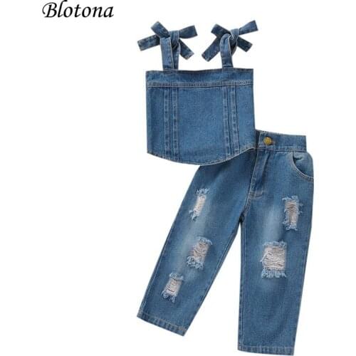 Blotona 2Pcs Toddler Girl Summer Fashion Denim Outfits, Solid Color Sleeveless Tie Strap Crop Tops +Ripped Denim Pants Set, 1-6Y