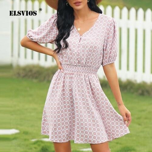 Lantern Short-Sleeve Print Mini Casual Dress Women Elastic Waist Slimming Dress Spring Summer Sweet Lady V-Neck Buttons Vestidos