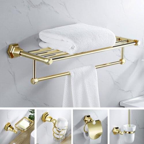 Bathroom Accessorie Set Gold Brass Towel Ring/Rack Paper/Toilet Brush/Hair Dryer Holder Hook Coner Shelf Soap Dish Bath Hardware
