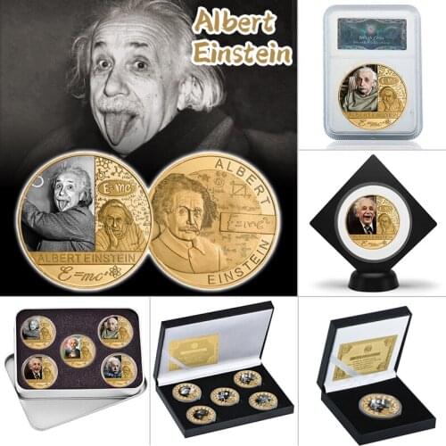 Famous Physicist Gold Plated Commemorative Coins Set with Coin Holder Collectible Challenge Coin Educational Souvenir Gift
