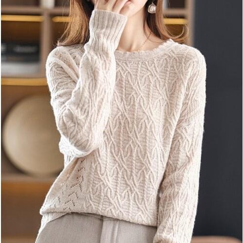 2021 new autumn and winter cashmere sweater womens round neck newflower hollow Pullover Sweater 100% wool knitted bottomed