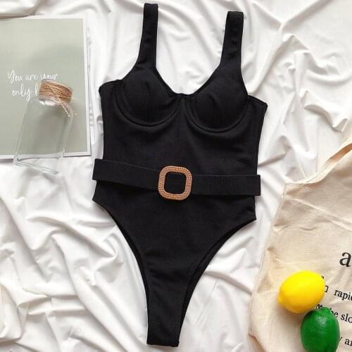 Black Sexy 2020 Push Up Women Ribbed Swimwear One Piece Swimsuit Female High Cut Monokini Waist Belt Bathing Suit Swim Bodysuit