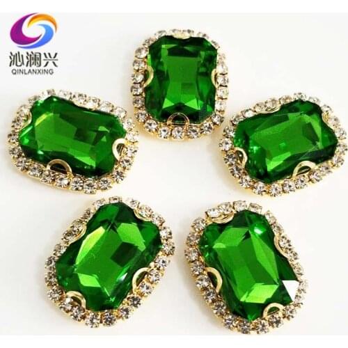 Gold bottom Grass green Rectangle shape top quality glass crystal buckle,sew on rhinestones for diy jewelry accessories SWCBG17