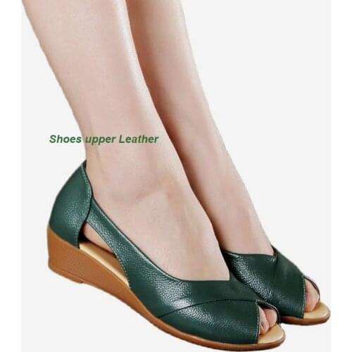 LIHUAMAO Leather shoes upper women Peep toe Wedges sandals slip on casual beach sandals high heel party pumps big size to 43