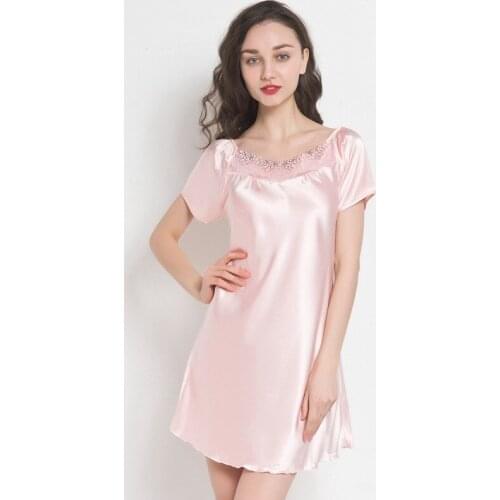 Silk Summer Pajamas Sexy Lace Rund Neck Simulation Silk Satin Plus Size Spring and Autumn Home Short-sleeved Pajamas Wholesale