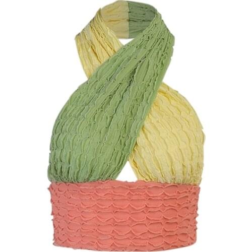 Women Sexy Criss Cross Halter Crop Top Contrast Color Patchwork Cutout Cami Vest Ruched Shirred Backless Slim Bustier Q1FA