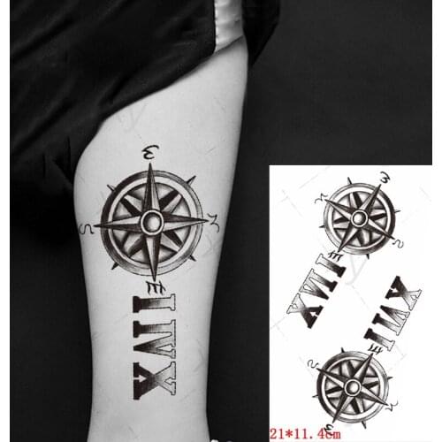 Compass Lettering Temporary Tattoos for Men Women Adult Black Lion Crown Cross Tattoo Sticker Fake Body Art Tatoos for 21*11.4cm