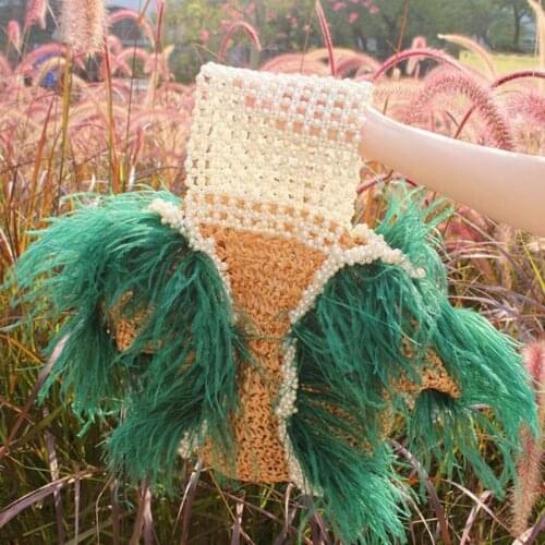 DOYUTIG Popular Designers Make Pearl Ostrich Hair Natural Straw Woven Womens Handbag For Holiday Fashion Handmade Bag F857
