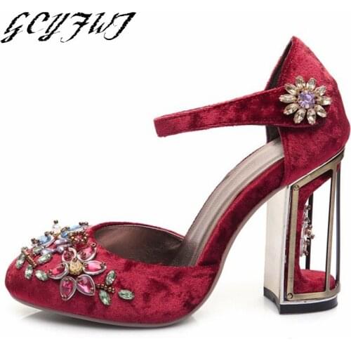 Women Sandals Vintage Baotou Velvet Hand-sewn Rhinestone Flower Round Birdcage Female Shoes Buckle Summer Mature Sandalias Mujer