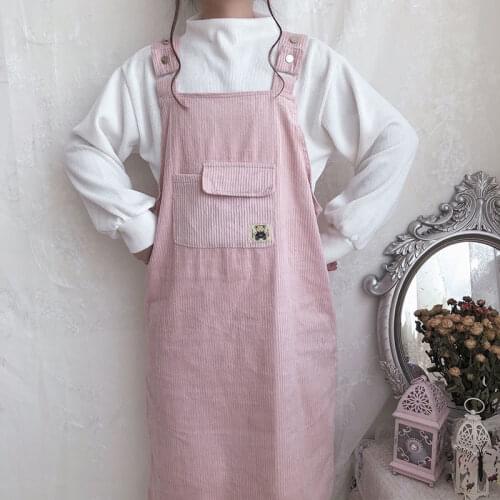 Sweet Corduroy Dress Women Japan Cute Girls Loose Pink Overalls Dress New Big Pocket Strap Sundress Female