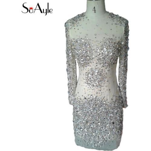 SoAyle Real Pic Vestidos de festa 2017 Cocktail Dresses Long Sleeves Illusion Crystals Luxury Party Gowns Bling Bling Short Dres