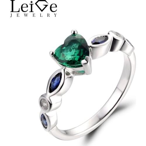 LeiGe Jewelry Emerald Wedding Rings Heart Shape Green Gemstone Rings May Birthstone Solid 925 Sterling Silver Vintage Rings