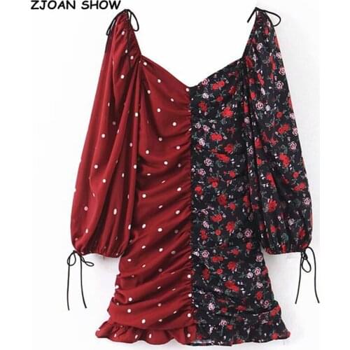 Sexy Contrast Color Floral Print Dress Puff Long sleeve Mini Short Dress Women Bow Tie Strap Ruched Lacing Up Party Dresses