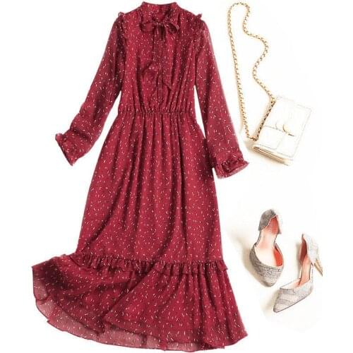 2021 New ladies Autumn bow Long sleeve plus size dress loose casual large floral chiffon print flowers dress 4XL 5XL 6XL