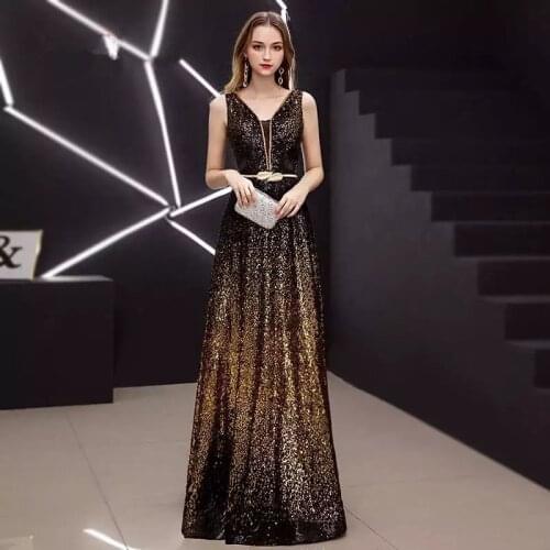 New Vestido De Festa Sweet Long Evening Dress Bride Party sleevesless sequins Prom Dresses gold black slit neck 2019