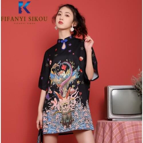 2020 Chinese Dress Women Fashion Print Qipao Dress Female Short sleeve Improved Cheongsam Black Sexy Mini Dress Modern Qipao