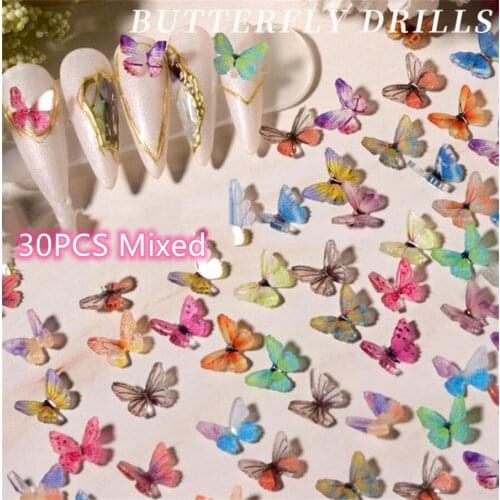 30 PCS/Wheel 3D Colorful Butterfly Charm Nail Art Rhinestones Decoration Pixie Ornaments DIY Manicure AB