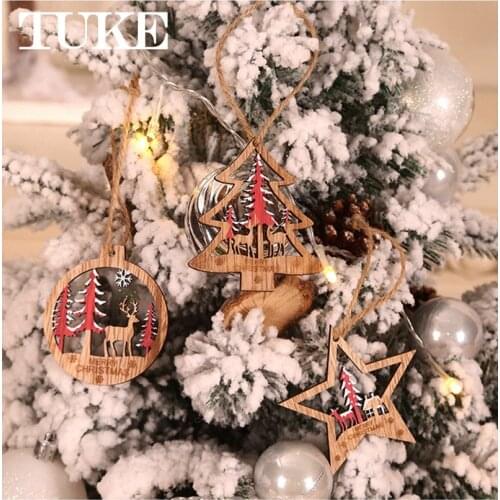 6pcs/box Christmas Wooden Pendants Xmas Tree Hanging Ornaments DIY Wood Crafts For Home Christmas Party New Year Decorations