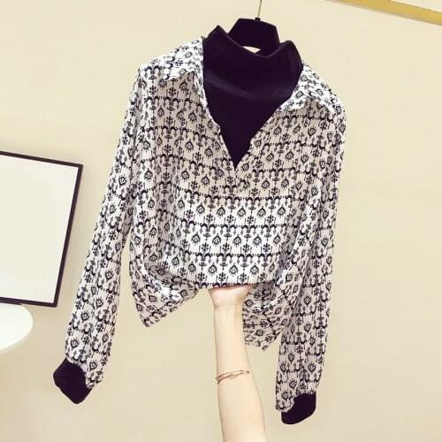 False 2 Pieces Chiffon Women Blouse Spring New Black Long-Sleeved Slim Office Lady Elegant All Match Female Pulls Outwear Tops