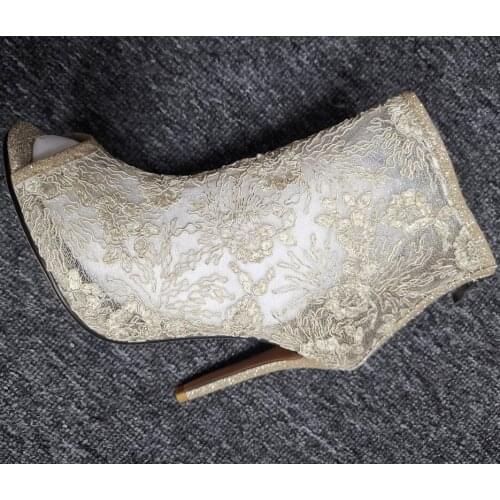Fashion Floral Lace Mesh Peep Toe Ankle Boots Peep Toe Summer Sequins Patched Sandals Boots Women Thin High Heels Zipper Boots