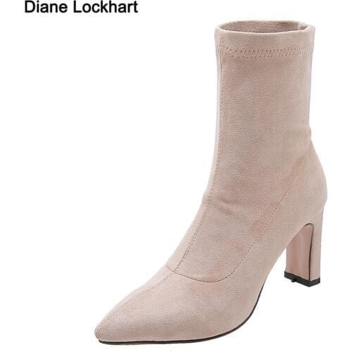 Fashion Ladies Shoes High Heels Elastic Socks Boots Women Stretch Fabric Pointed Toe Ankle Boots Shoes Woman Pumps Size 33-45