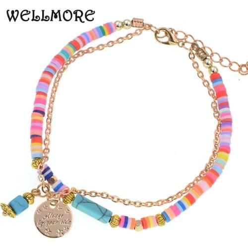 WELLMORE 5 colors bohemia anklets for women beaded stone charm anklets bracelets fashion beach foot jewelry wholesale