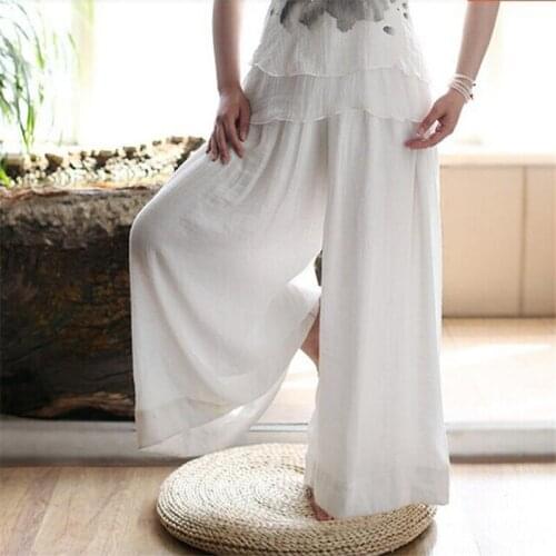 High Quality Long White Solid Wide Leg Pant Trousers Women Hanfu Chinese Traditional Pant Pantalon Femme