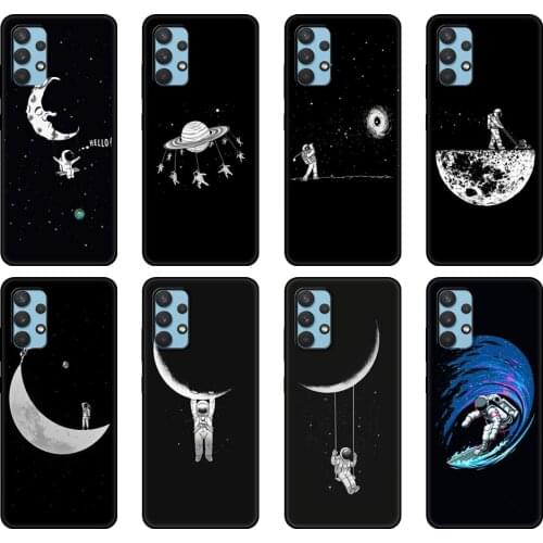 Black tpu Case For Samsung galaxy A32 A42 A52 A72 4g 5g S21 PLUS ultra back cover Moon Astronaut