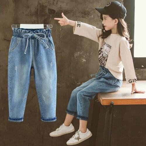Girls Straight Jeans 2020 Spring New School Casual Trousers Girls Denim Trousers Solid Pure Blue Pants Children Clothing 6 9 12Y