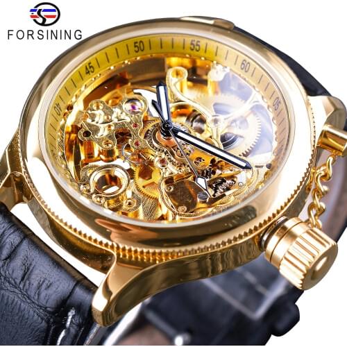 Forsining Mens Mechanical Watches Screw Crown Cap Design Waterproof Golden Skeleton Clock Black Genuine Leather Horloge Mannen