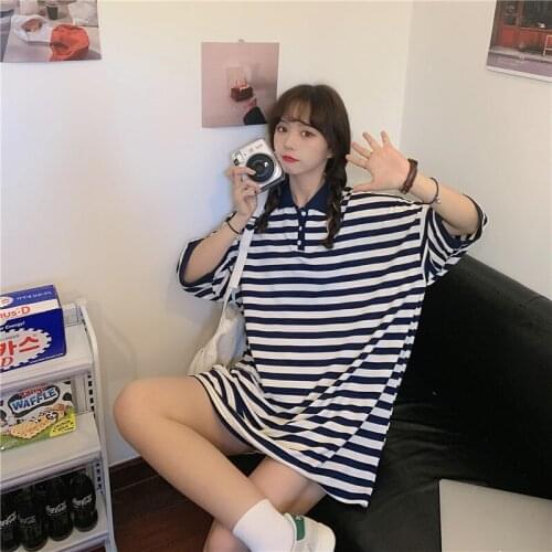 Womens T-shirts Tops Japanese Kawaii Ladies Ulzzang Lazy Loose Striped Tshirt Female Korean Harajuku Cute Clothes For Women