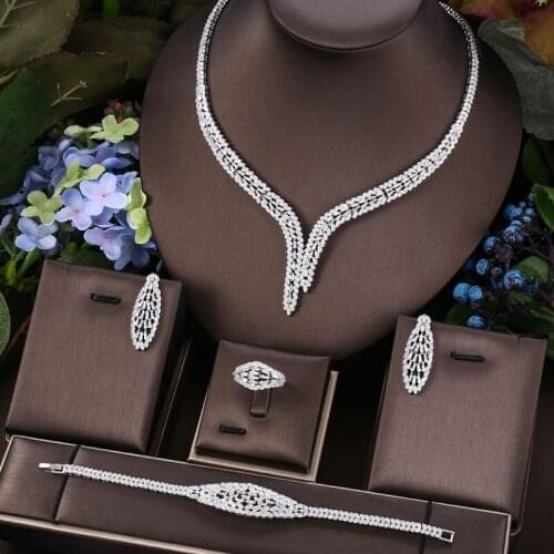 Janekelly 4pcs Bridal Zirconia Full Jewelry Sets For Women Party, Luxury Dubai Nigeria CZ Crystal Wedding Jewelry Sets