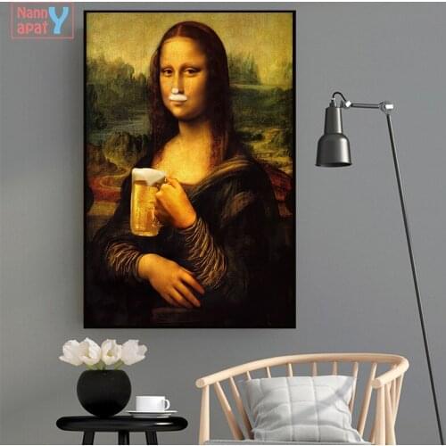 Famous Oil Painting Funny Mona Lisa Drink Beer Canvas Painting Creative Posters and Prints Wall Art for Living Room Home Decor