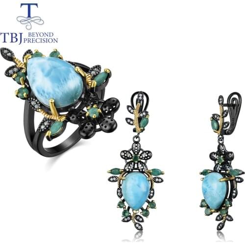 Agate,Larimar jewelry set natural gemstone with 925 sterling silver Retro design earrings and ring fine jewelry new style 2020