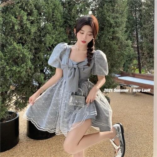 Korean Summer New Sweet Preppy Style Dress Square Collar Bow High Waist Cute Puff Sleeve Lace Vintage Zipper Gauze Girly Dresses