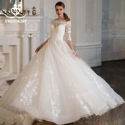 Appliqued Lace Wedding Dress 2021 O-neck Sleeve A-Line Vestido De Novia Vintage Princess SwanSarah NB01 Plus Size Bridal Gown